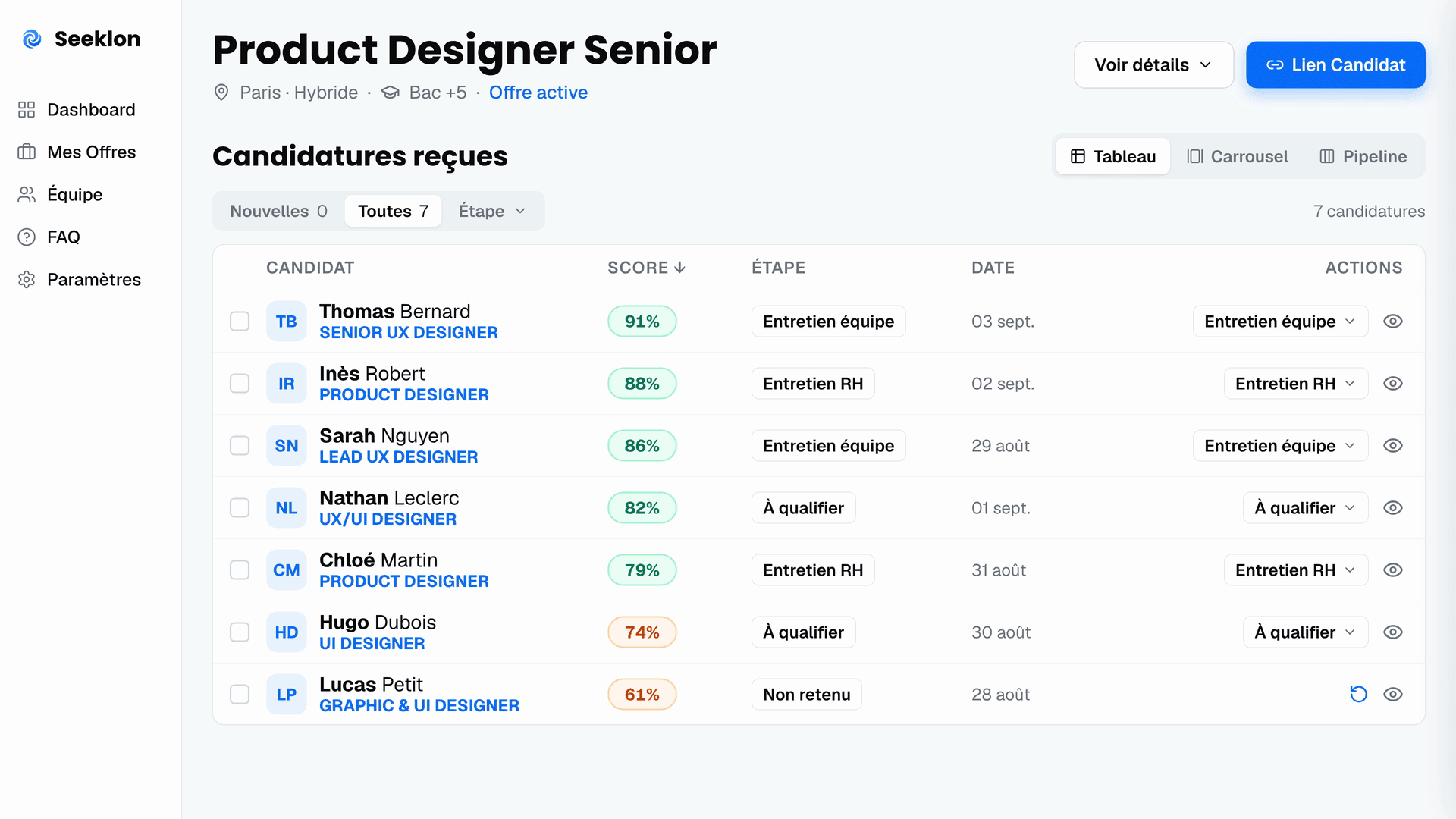Seeklon : candidatures reçues pour le poste de Product Designer Senior