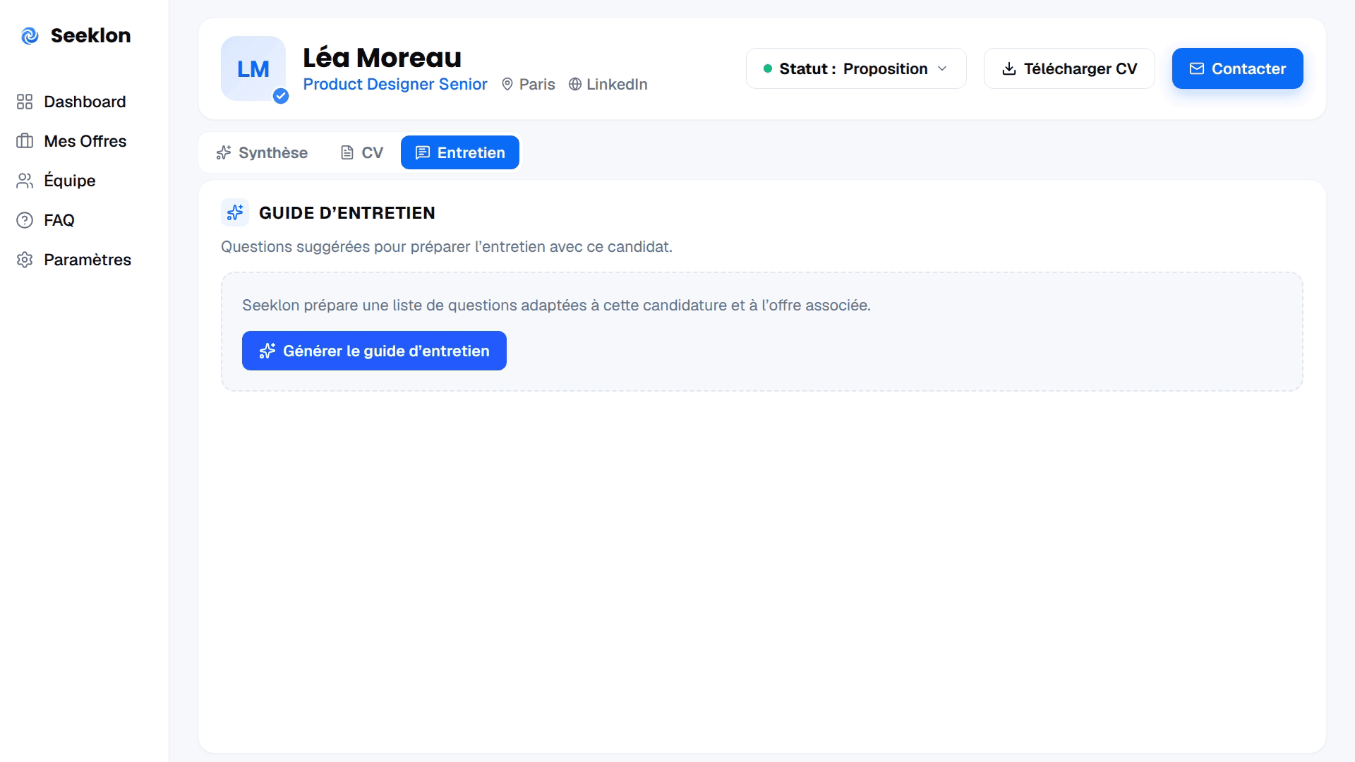 Seeklon : guide d’entretien préparé pour une candidate